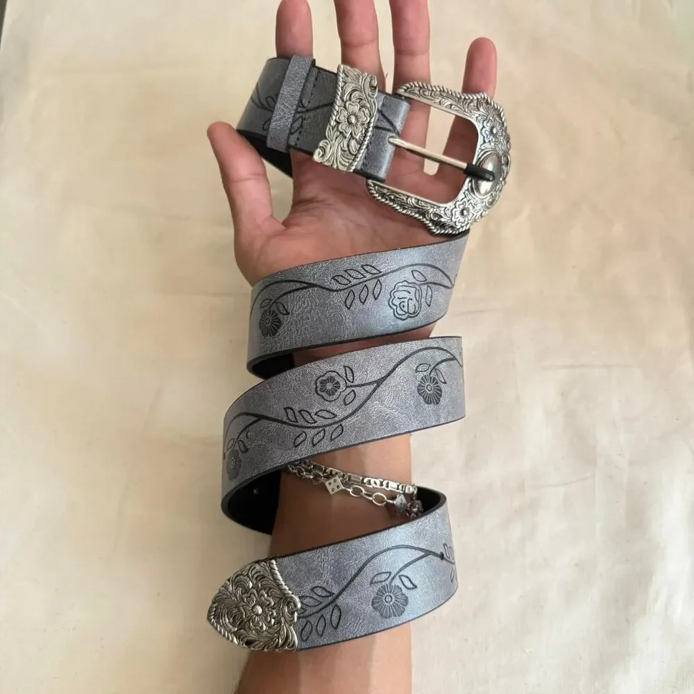 y2k style grey american western floral silver accent boho belt